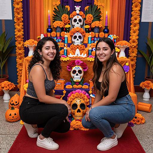 Photograph of two smiling Latina women with curly and straight brown hair, squatting in front of a vibrant Día de los Muertos altar adorned with
