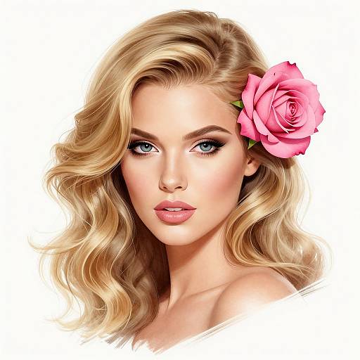 Digital illustration of a blonde woman with wavy hair, blue eyes, pink rose in her hair, and subtle makeup, against a white background.