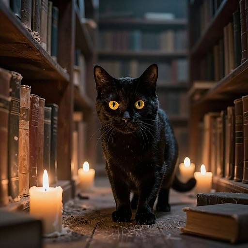 Photograph of a black cat with glowing yellow eyes walking between rows of bookshelves lit by numerous candles in a dimly lit library.