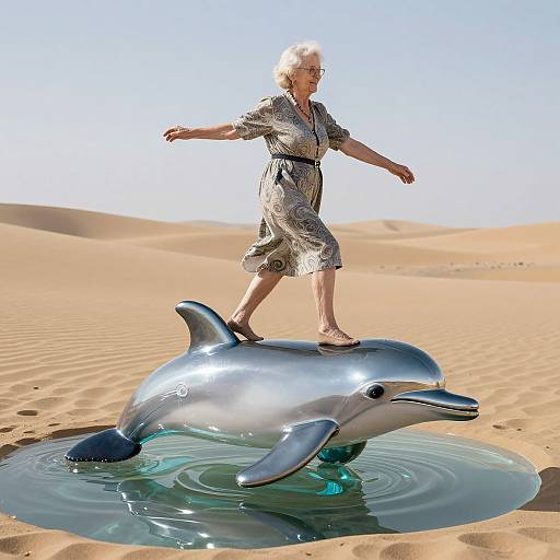 Photograph of an elderly woman with short white hair, wearing a patterned dress, balancing on a silver dolphin float in a desert oasis with rippling