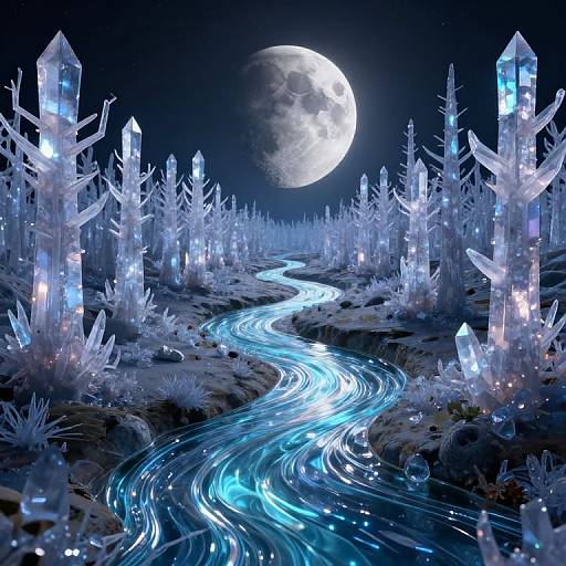 Digital art: Glowing blue crystal trees line a luminescent river under a full moon in a dark, starry night sky.