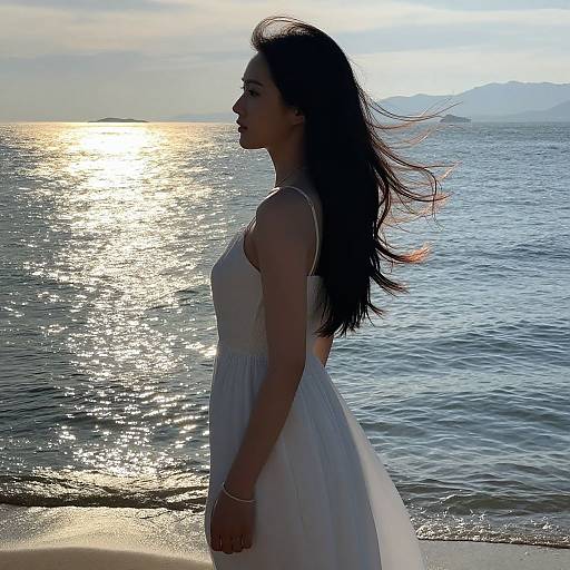 Photograph of a young woman with long black hair, wearing a white sleeveless dress, standing at a sunset beach, gazing at the shimmering