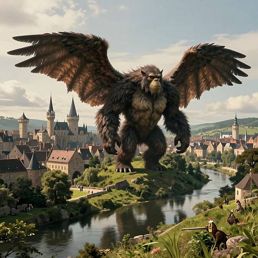 Digital artwork of a giant, dark-feathered griffin with muscular build and fierce eyes, towering over a picturesque medieval town with rivers and castle sp