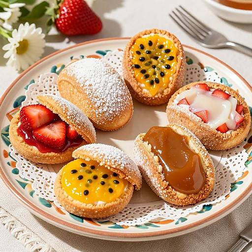 Photograph of colorful fruit-filled pastries dusted with powdered sugar on a patterned plate, with strawberries and white flowers in background.