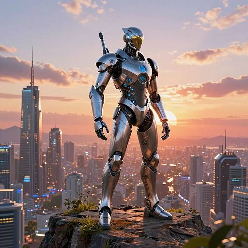 Photorealistic CGI of a silver humanoid robot standing on a rooftop at sunset, overlooking a cityscape with skyscrapers.