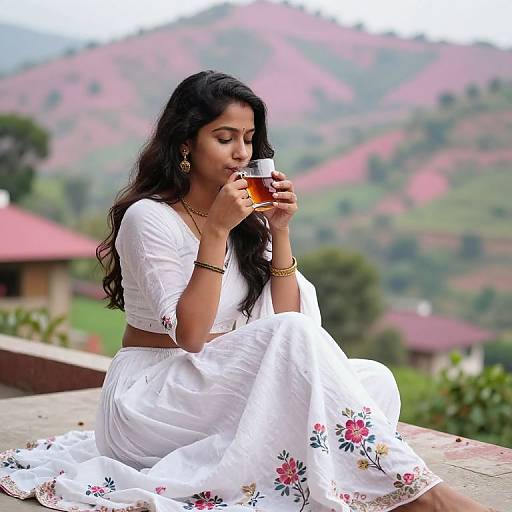 Photograph of a young Indian woman with long black hair, wearing a white floral dress, sipping tea outdoors with mountainous hills in the background.