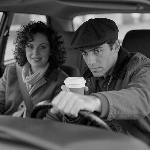 Man and Woman in Car with Coffee