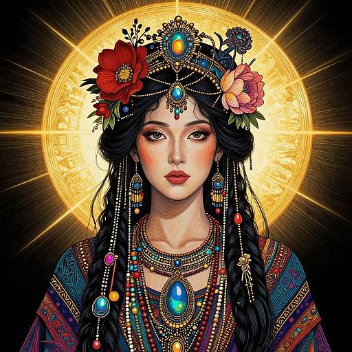 Digital illustration of a beautiful woman with long black hair, adorned with colorful flowers, jewels, and intricate headpiece, set against a glowing golden halo.