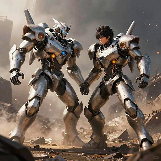 Digital art: A young man in a futuristic, silver and black armored suit stands with two towering, robotic mechs in a post-apocalyptic, sun