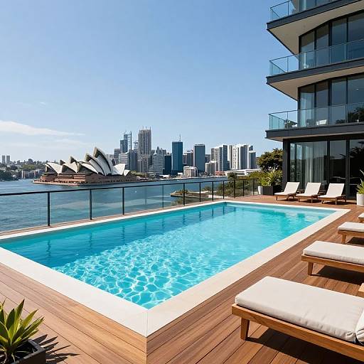 Photograph of a modern rooftop pool overlooking Sydney Harbour with the Sydney Opera House and city skyline in the background. Clear blue sky, glass railing, wooden
