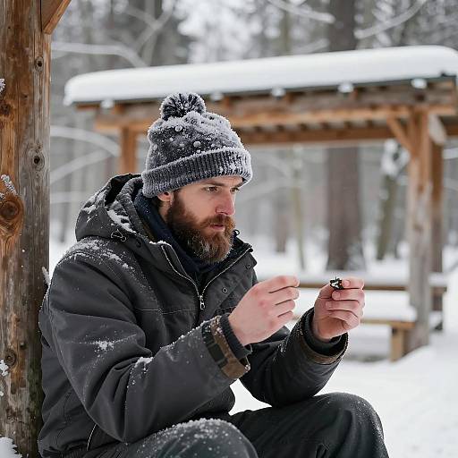 Bearded Man in Winter Wonderland Scene