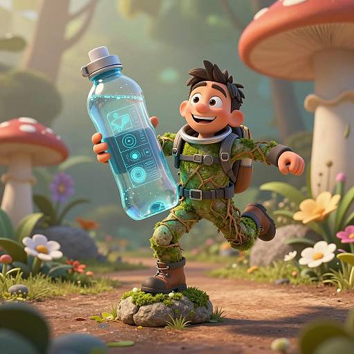 Anthropomorphic Moss-Covered Hiker with Holographic Water Bottle