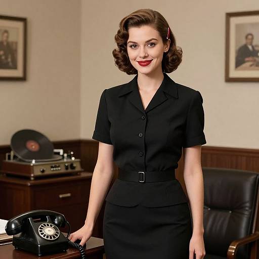 Photograph of a 1940s-style woman with short, curly brown hair, red lipstick, and black button-up dress, standing in an office