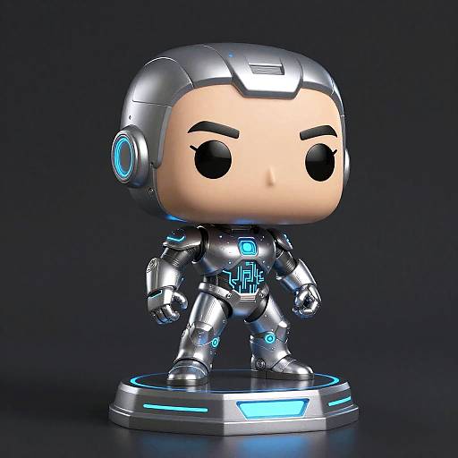 Chibi-style, digital CGI of a futuristic, robotic, armored figure with a human-like face, large black eyes, and metallic silver body, standing