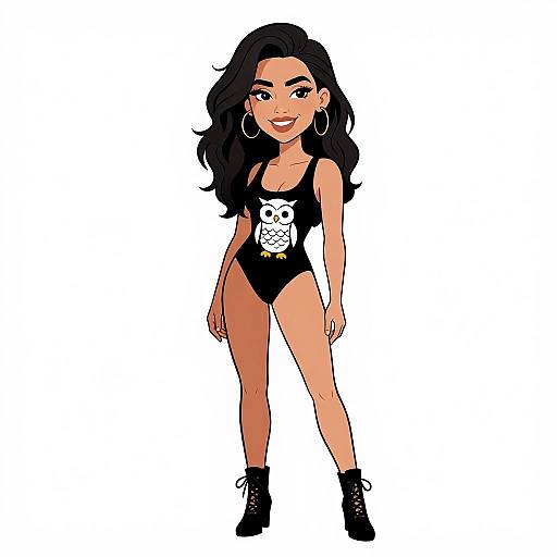 Digital cartoon of a confident woman with long black hair, tan skin, large hoop earrings, black skull tank top, high-cut leotard, and