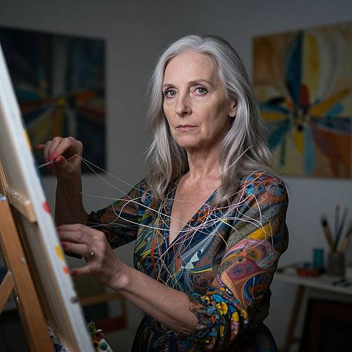 Photograph of an elderly woman with long white hair, wearing a colorful patterned blouse, painting abstract art on an easel in a dimly lit