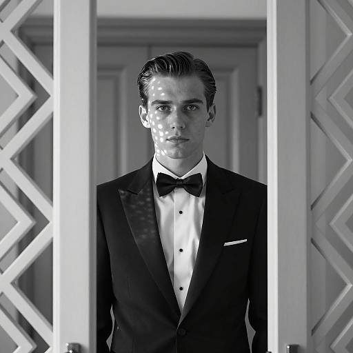 Young Man in Tuxedo Standing in Doorway