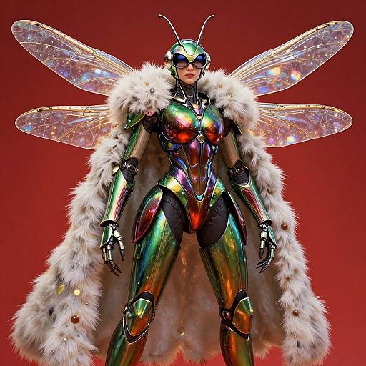 CGI image of a metallic insect-woman with iridescent armor, transparent wings, and a white fur coat, set against a red background.