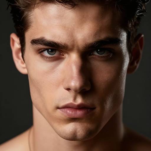 Close-up photograph of a young, handsome man with piercing blue eyes, dark wavy hair, and slightly parted lips, against a dark background.