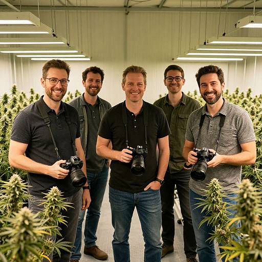 Photograph of five smiling men with cameras, standing in a brightly lit indoor greenhouse filled with cannabis plants.