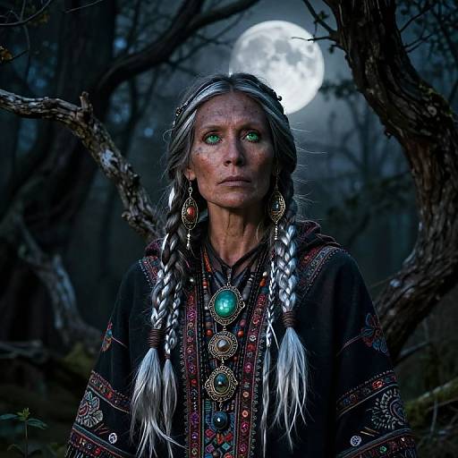Photograph of a Native American woman with long braided hair, green eyes, wearing traditional black dress with intricate patterns, large turquoise and gold jewelry,