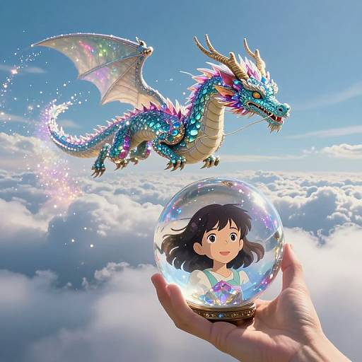 Digital artwork of a colorful dragon soaring above clouds, with a hand holding a glass orb containing a surprised anime girl.