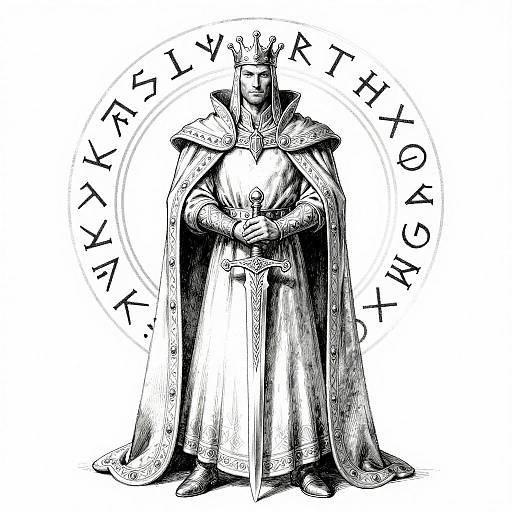 Black and white drawing of a regal king in a long cloak and crown, holding a sword, with runes encircling him.