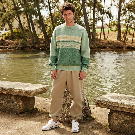 Photograph of a young man with short dark hair, wearing a green and white striped sweater, beige pants, and white sneakers, standing by a stone