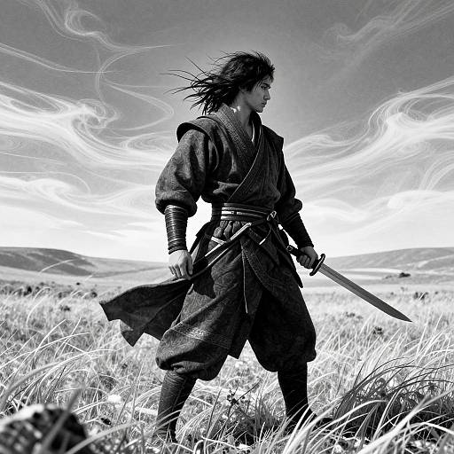 Black-and-white photograph of a samurai with long hair, wearing a traditional kimono, holding a sword, standing in a grassy field with swirling
