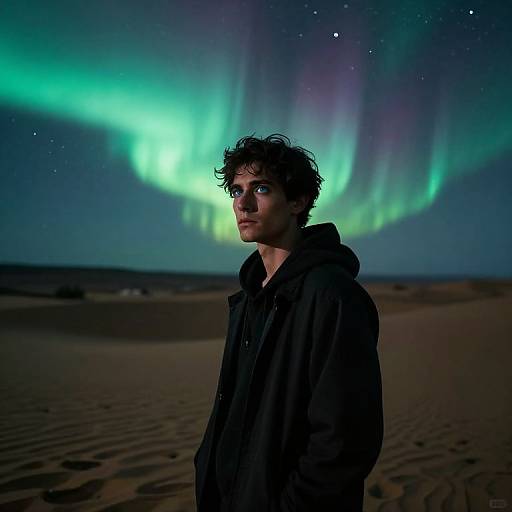 Photograph of a young man with curly hair, wearing a black hoodie, standing in a desert at night, gazing at vibrant green and purple Northern