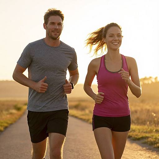 Photograph of a smiling man and woman jogging on a sunlit path, wearing casual athletic clothes, with golden sunset background.