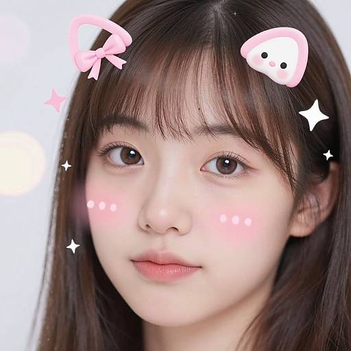 Digital portrait of a young Asian woman with fair skin, brown eyes, and straight dark brown hair, adorned with pink fish and star stickers on a white