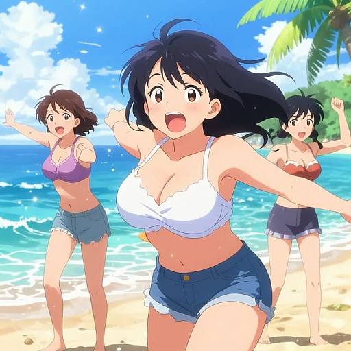 Anime-style digital drawing of three excited women in white and purple bikinis, denim shorts, running on a sunny beach with palm trees and clear blue sky