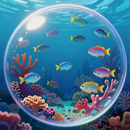 Digital illustration of a vibrant underwater scene within a transparent bubble. Colorful fish swim among diverse coral reefs, illuminated by sunlight from above. Bright, playful