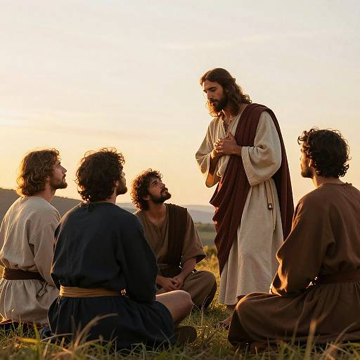 Jesus Christ Teaching Followers at Sunset
