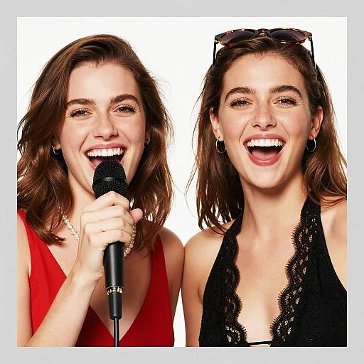 Two Laughing Women with Microphone