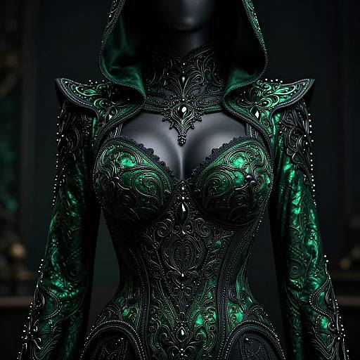 Digital artwork of a dark, ornate, black and emerald-green corseted figure with intricate lace patterns, glowing green accents, and a hood