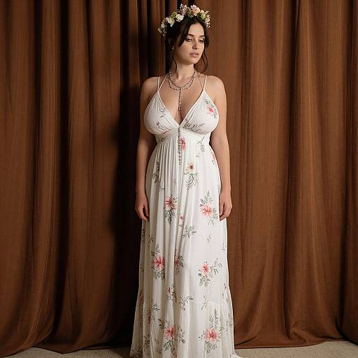 Photograph of a curvy woman with medium skin tone, wearing a white floral dress, floral headband, and necklace, standing against brown curtains.