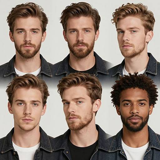 Digital composite of six men with different hairstyles, beards, and skin tones, wearing dark denim jackets over white shirts, against a white background.