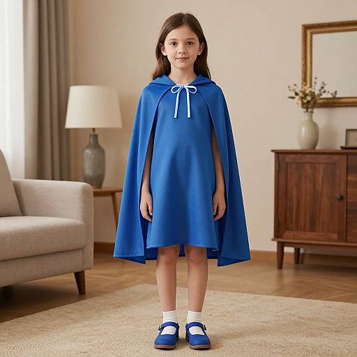 Photograph of a young girl with straight brown hair, wearing a blue hooded dress, white socks, and blue shoes, standing in a bright living