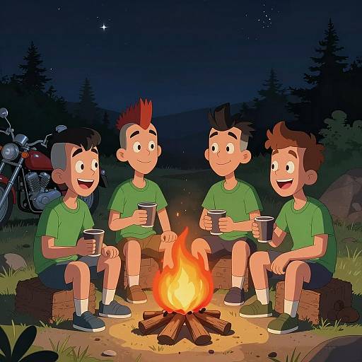 Cartoon Men Campfire Gathering at Night