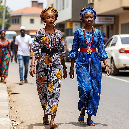 Photograph of two African women in vibrant traditional dresses, one in black and yellow pattern, one in blue with red belt, walking on a sunlit