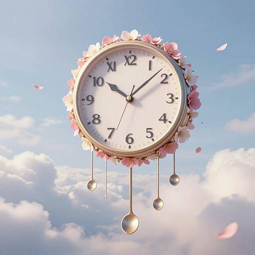 Floating floral clock with pink flowers and dangling silver bells against a bright blue sky with scattered clouds and falling petals.