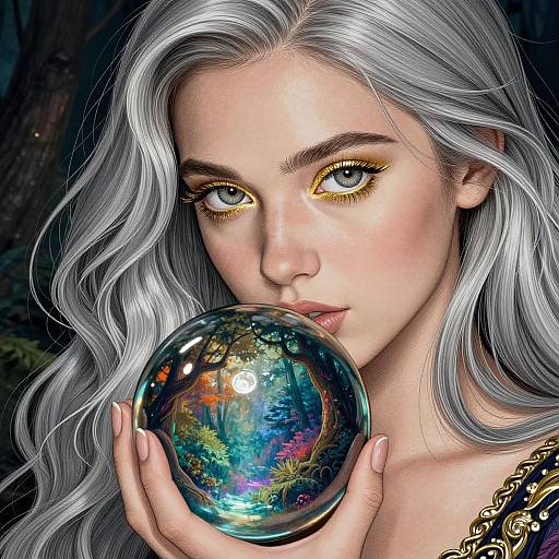 Digital painting of a fair-skinned woman with long, wavy silver hair, golden eyeshadow, and holding a colorful, iridescent orb