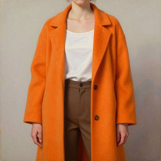 Photograph of a person wearing an orange wool coat over a white tank top and brown high-waisted pants, standing against a plain light gray background
