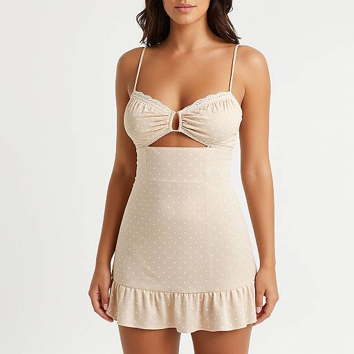 Photograph of a woman with medium tan skin, wearing a white polka dot, spaghetti strap, lace-trimmed camisole dress with a
