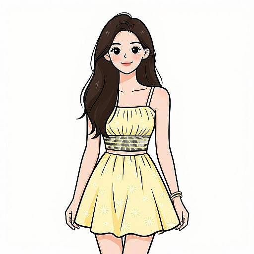 Digital illustration of a smiling young woman with long black hair, wearing a yellow, sleeveless, sundress with a waistband, standing against a plain