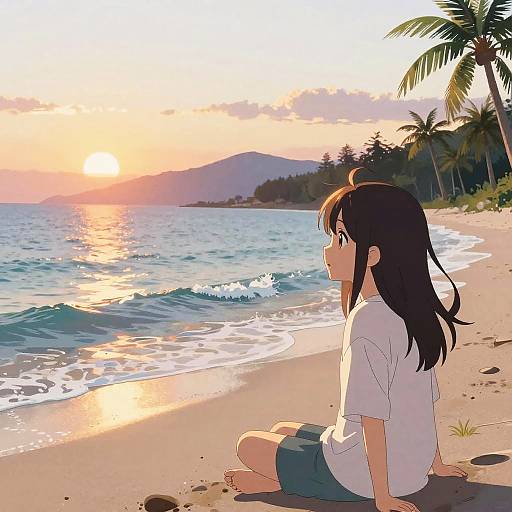 Anime-style drawing of a girl with black hair, glasses, white shirt, and blue shorts, sitting on a beach at sunset, watching the sun reflect
