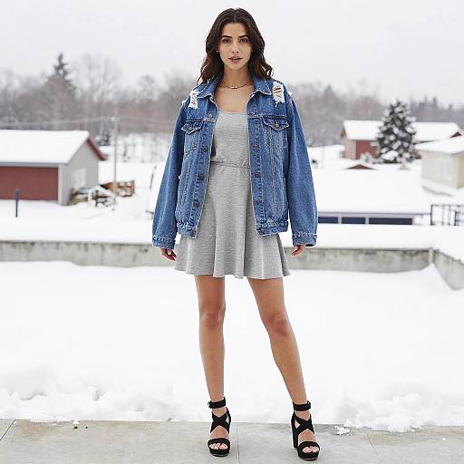 Photograph of a woman with long dark hair, wearing a gray dress and blue denim jacket, standing on a snowy rooftop. She has black strappy
