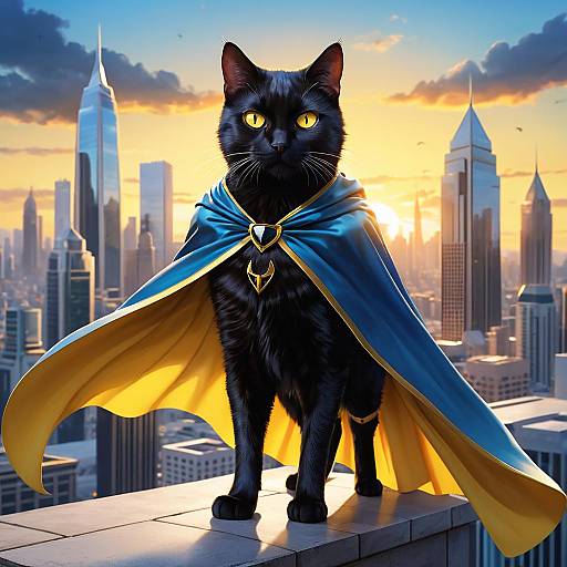 Black-Caped Cat Over City Sunset
